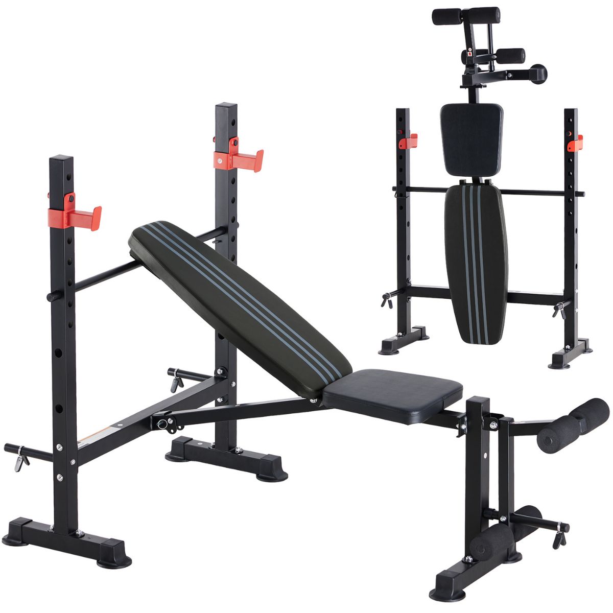 Front view of black adjustable bench press rack with leg extension and dual back support pads