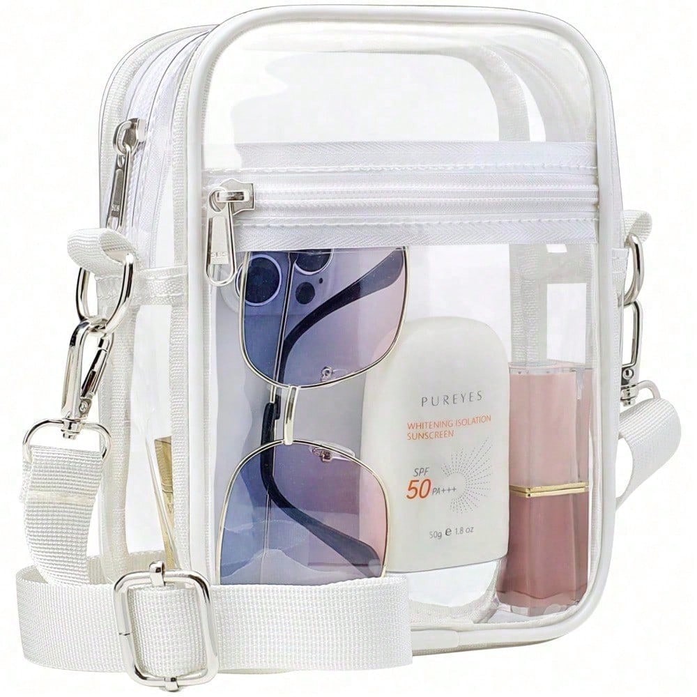 White clear crossbody bag with adjustable strap and front zip pocket