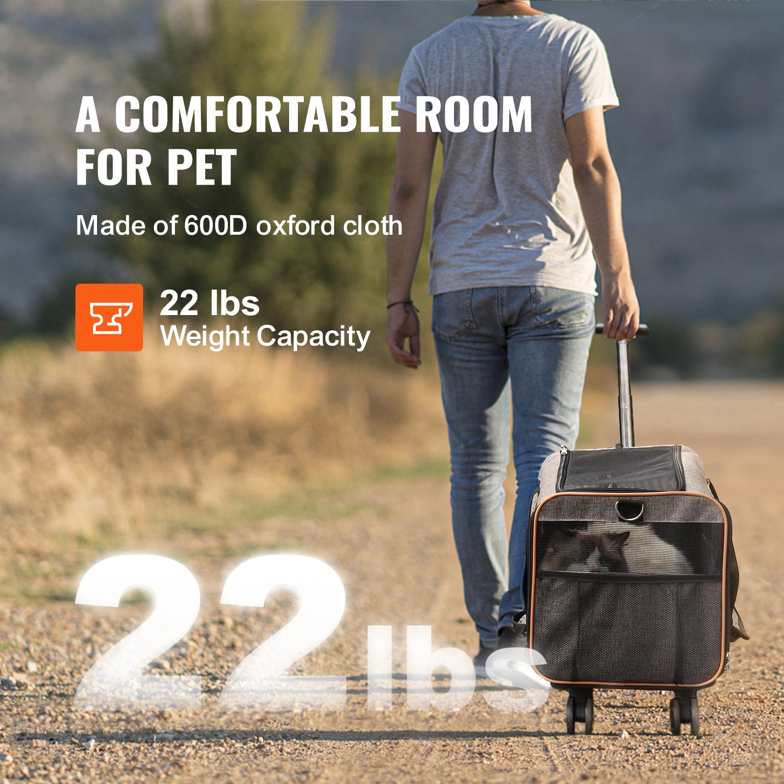 Rolling pet carrier with gray mesh sides and orange trim, on small wheels near handle