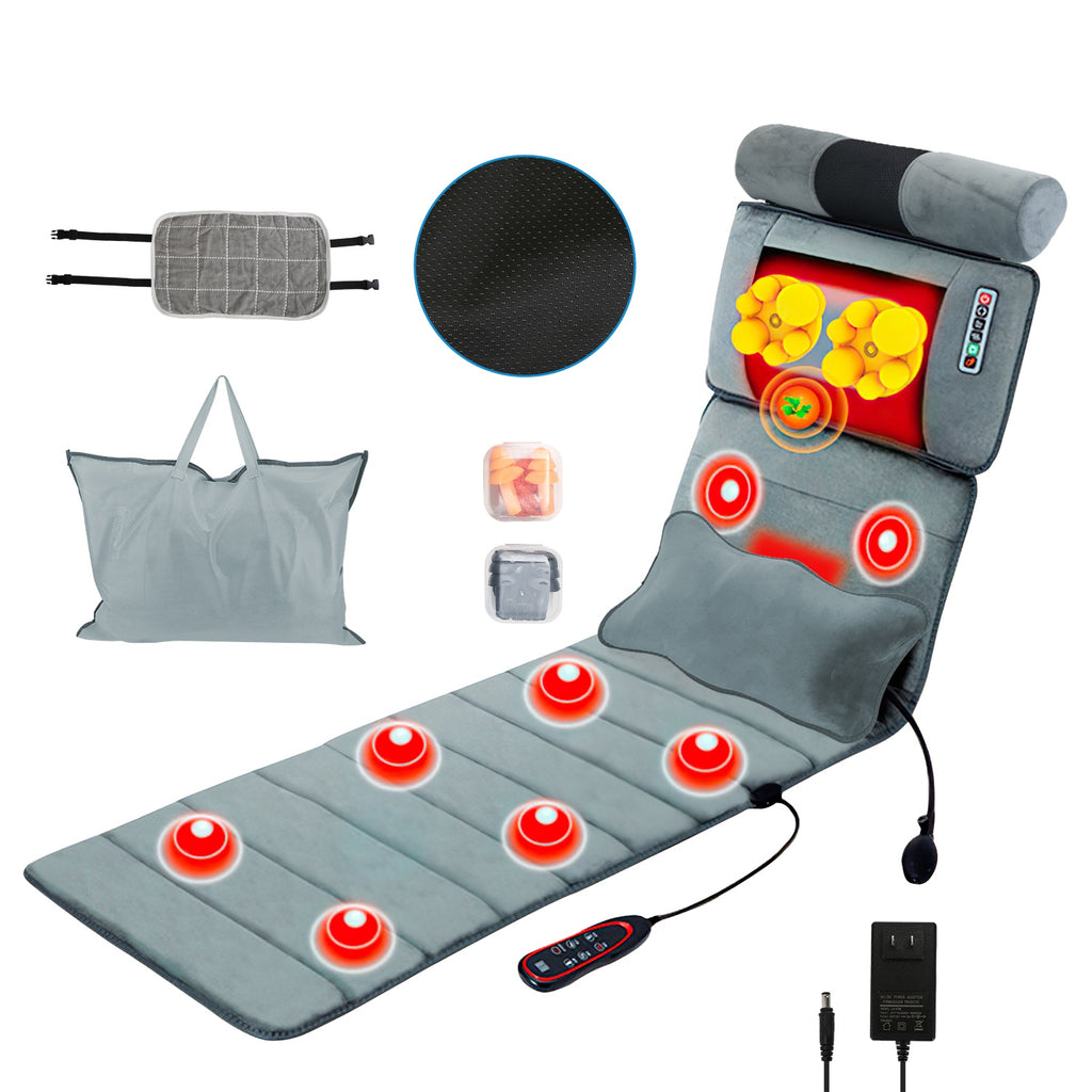 Gray full-body massage mat with neck & lumbar pillow, vibration nodes, heat and remote
