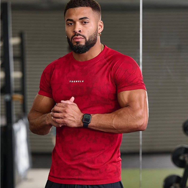 Men's red camouflage athletic t-shirt, short sleeves crew neck