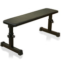 Flat weight bench with dark padded bench top and adjustable support legs, black.