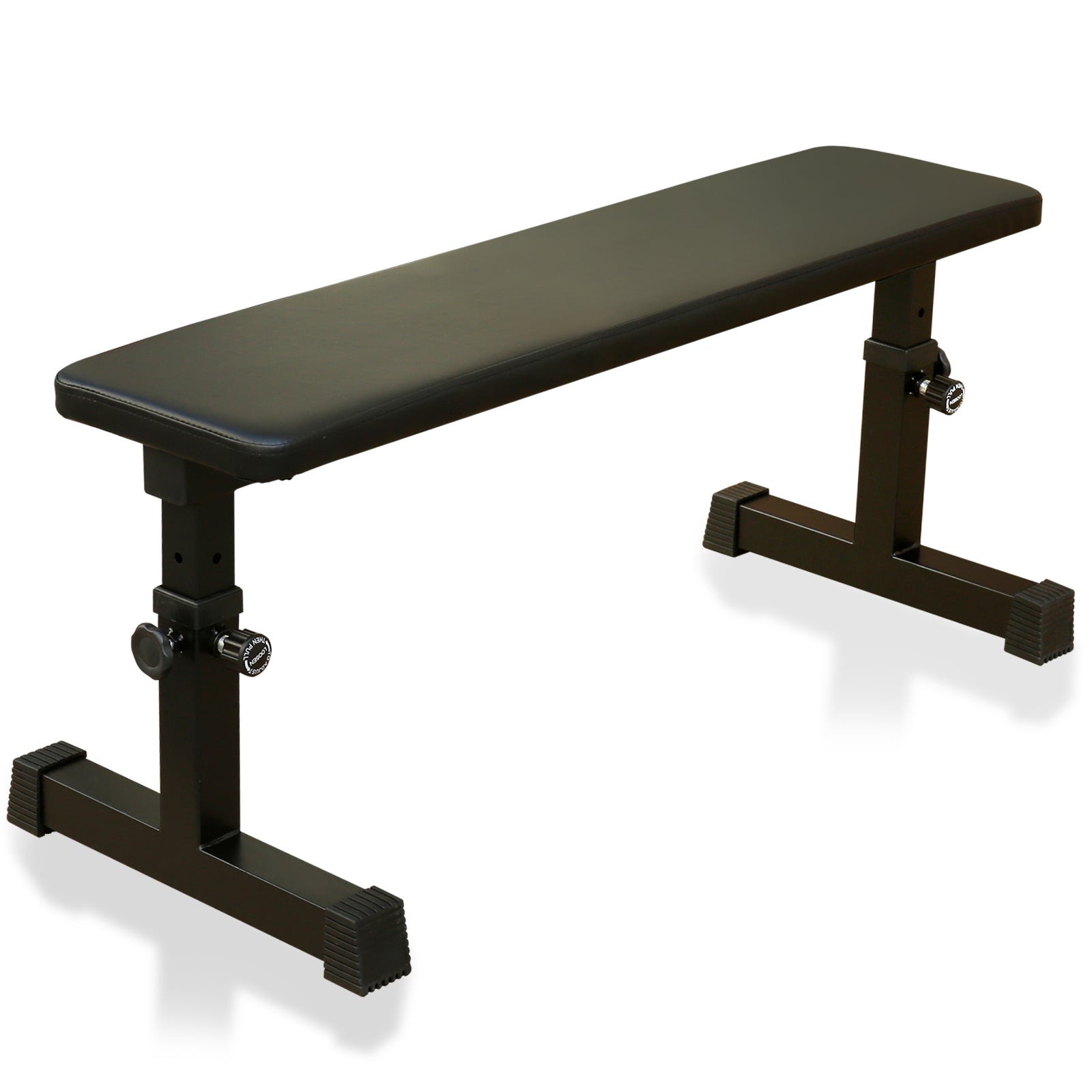Flat weight bench with dark padded bench top and adjustable support legs, black.