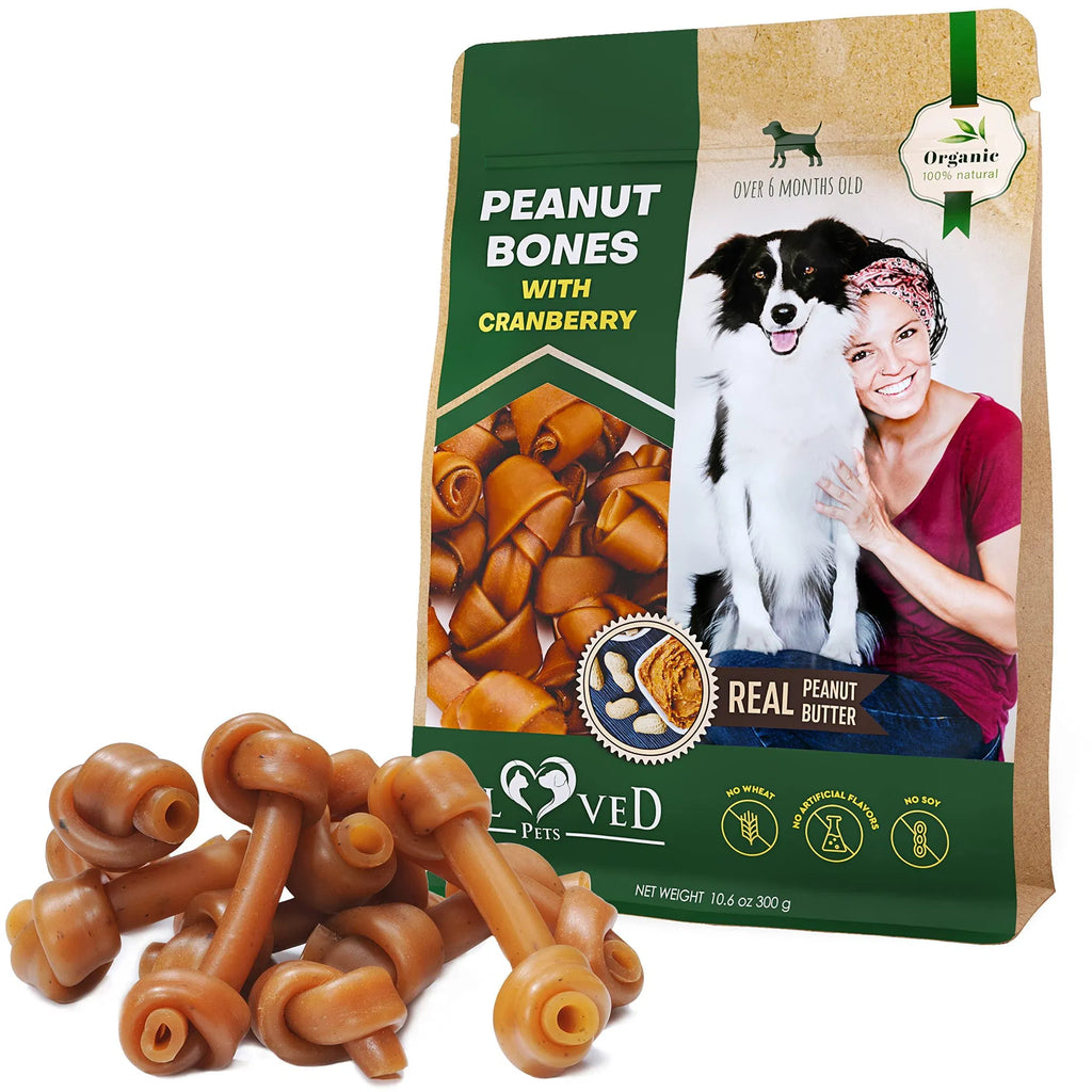 Peanut butter & cranberry dog bones chew bag with visible bone-shaped chews