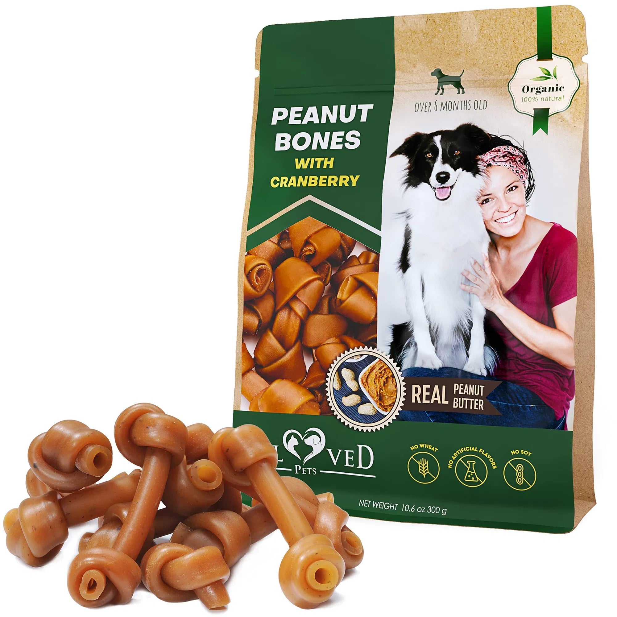 Peanut butter & cranberry dog bones chew bag with visible bone-shaped chews