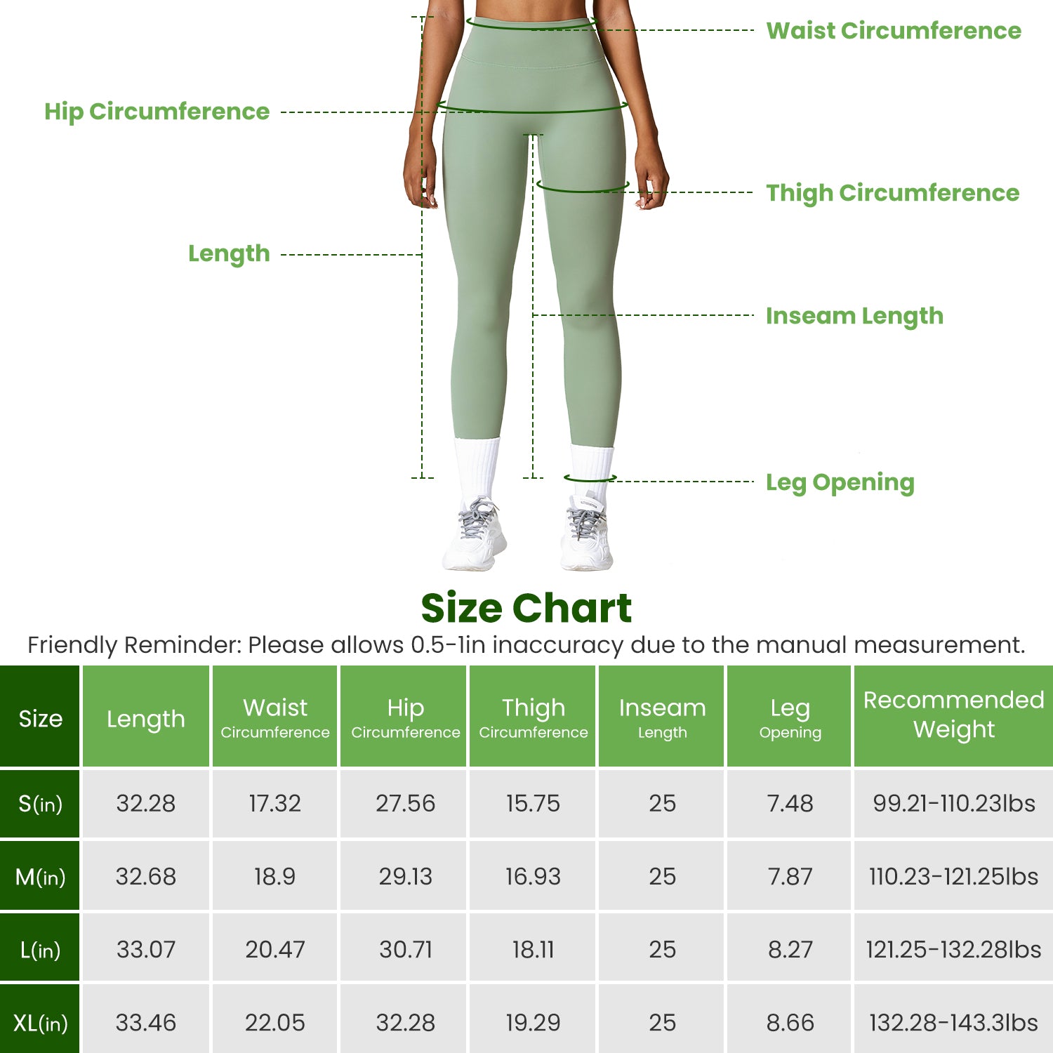 High-waist workout leggings in sage green shown with measurement lines across the legs