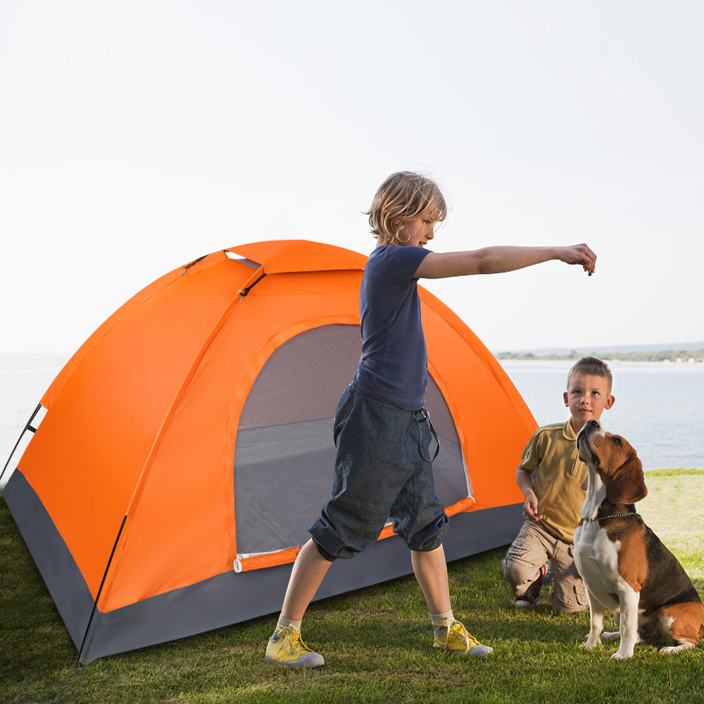 Orange dome tent with arched front mesh door and dark gray floor edge