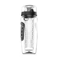 32oz fruit infuser water bottle, clear body with black flip-top and side carrying handle