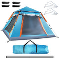 Blue 4–5 person camping tent with mosquito net windows, poles and carry bag