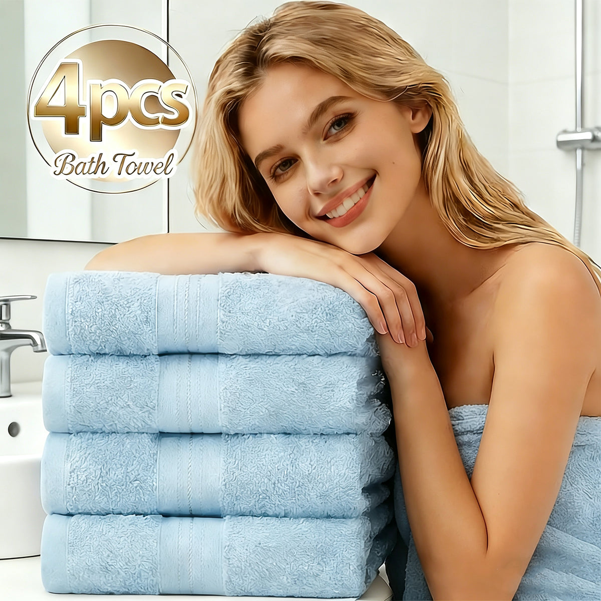 Light blue cotton bath towel set, four folded towels with stitched stripe detail