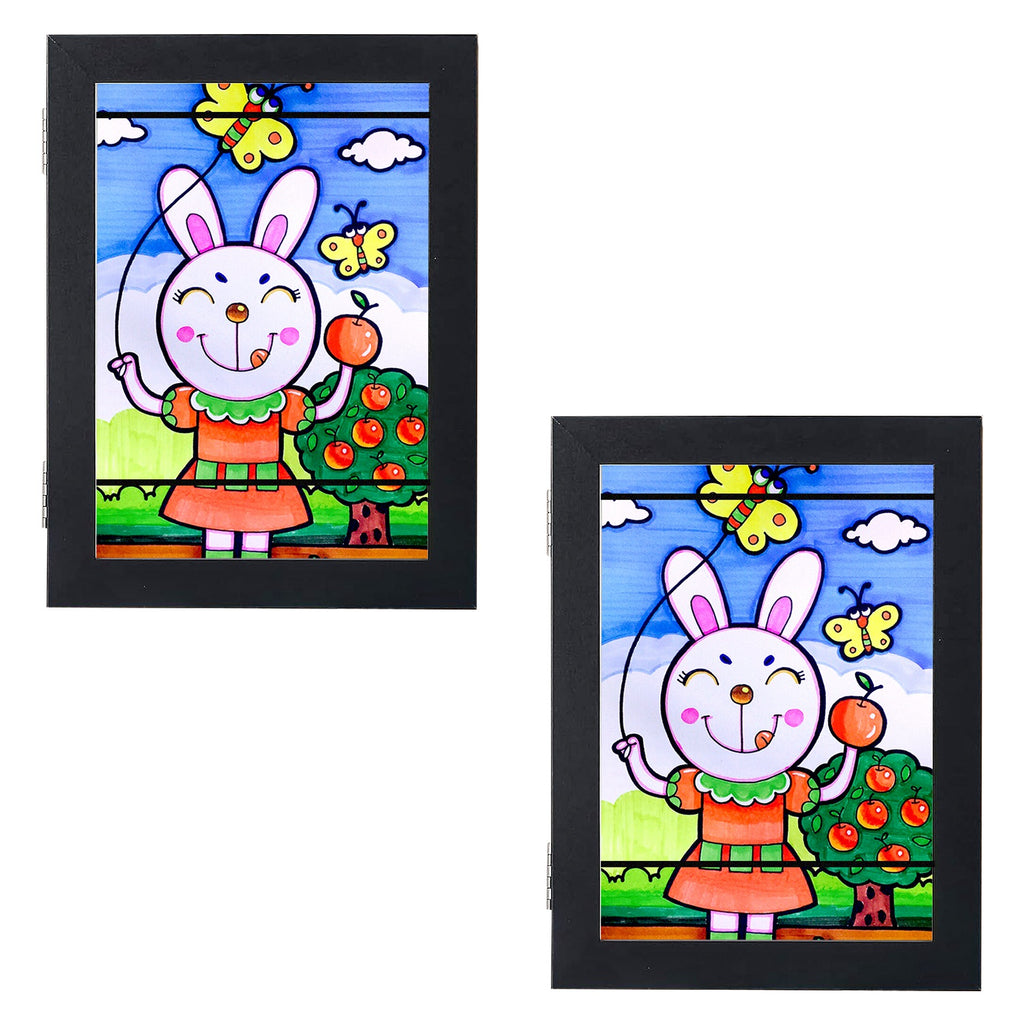 Pair of A4 art frames with black borders and glass, showing cute character artwork inside.