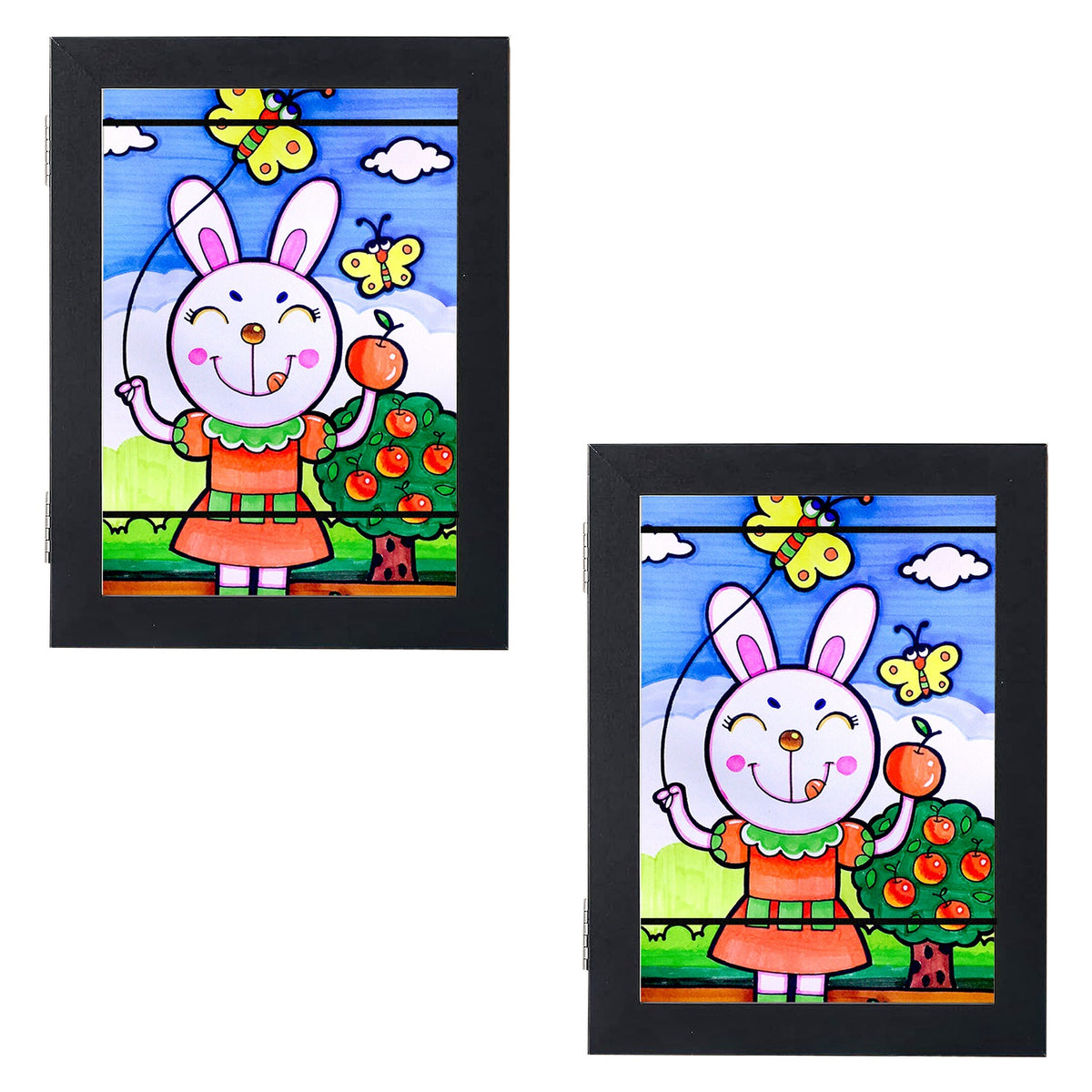 Pair of A4 art frames with black borders and glass, showing cute character artwork inside.