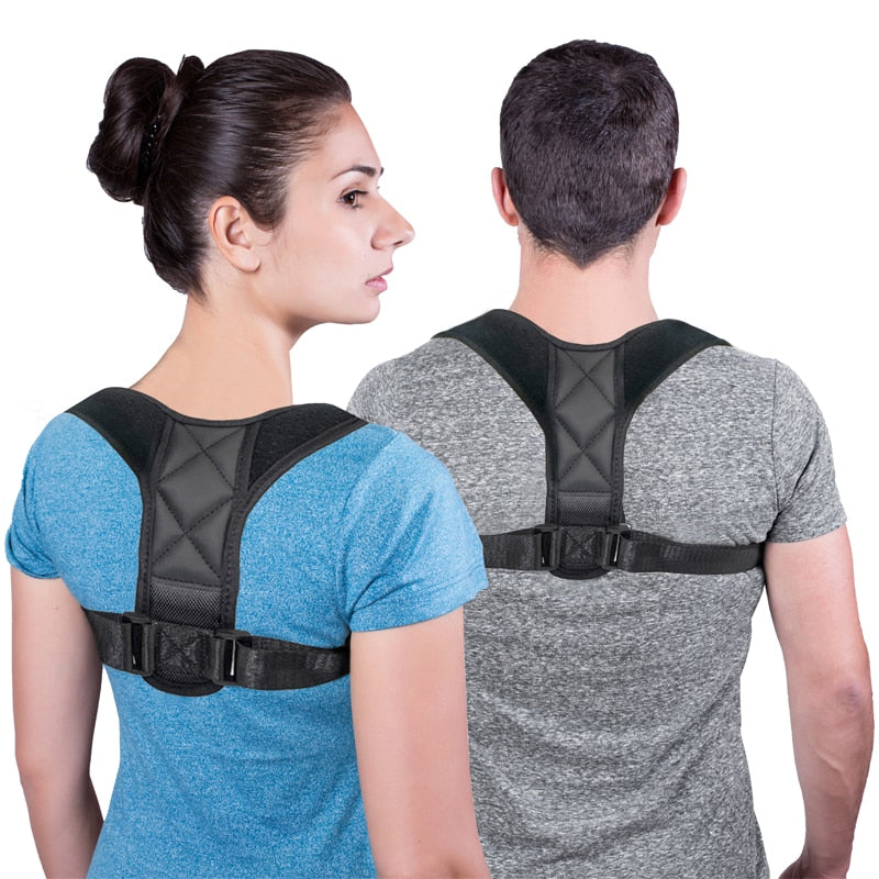 Posture support brace with padded back and two adjustable shoulder straps, black and blue.