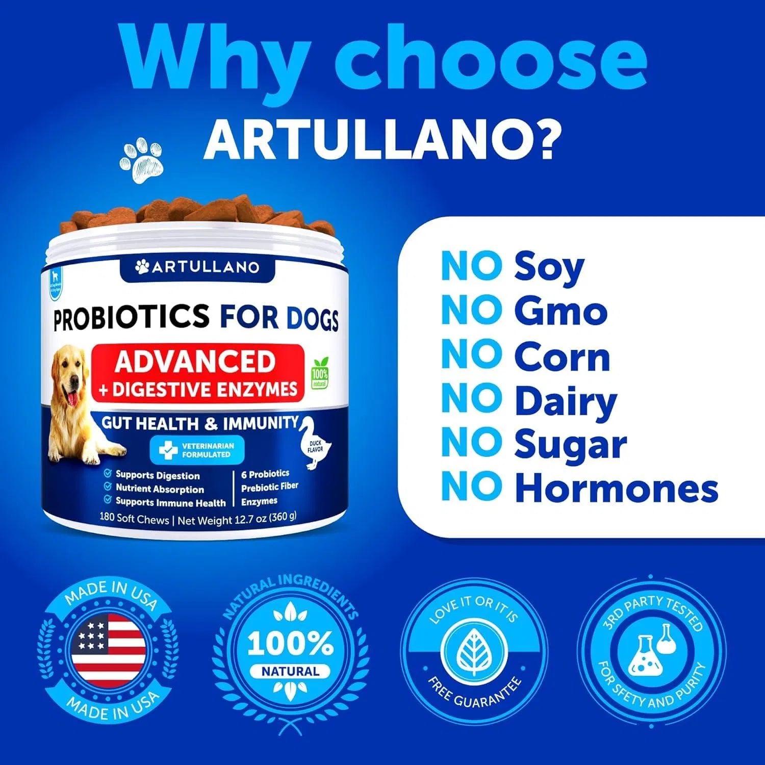 Artullano Probiotics for Dogs container with allergen-free claim text