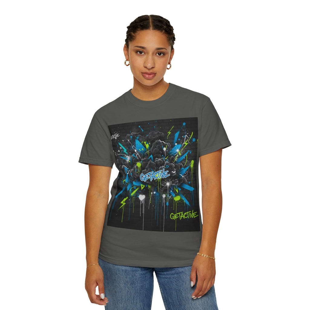 Pepper green square-panel graphic T-shirt with cloud explosion artwork and “GETACTIVE” text