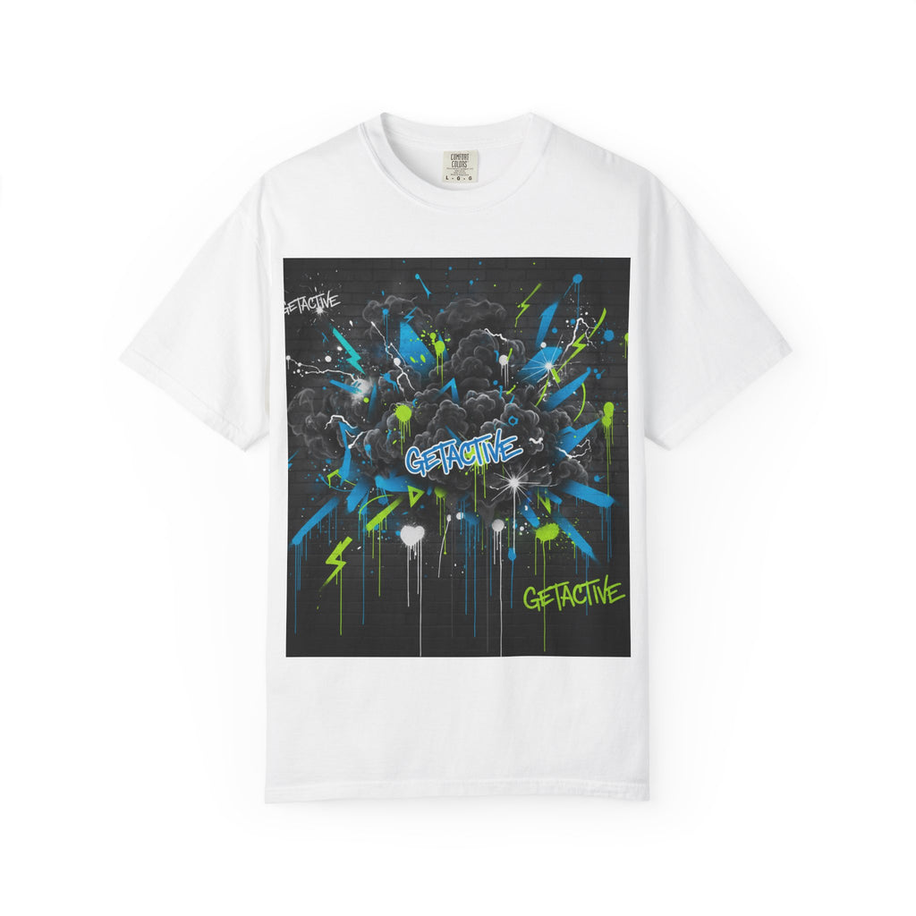 White gym graphic tee with colorful 'GETACTIVE' burst square print