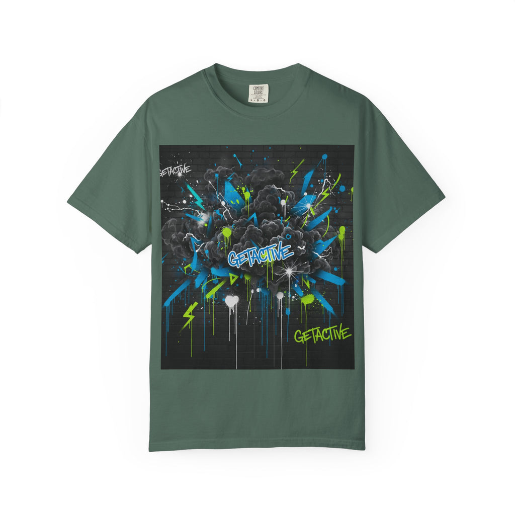 Green gym graphic tee with colorful 'GETACTIVE' burst square print