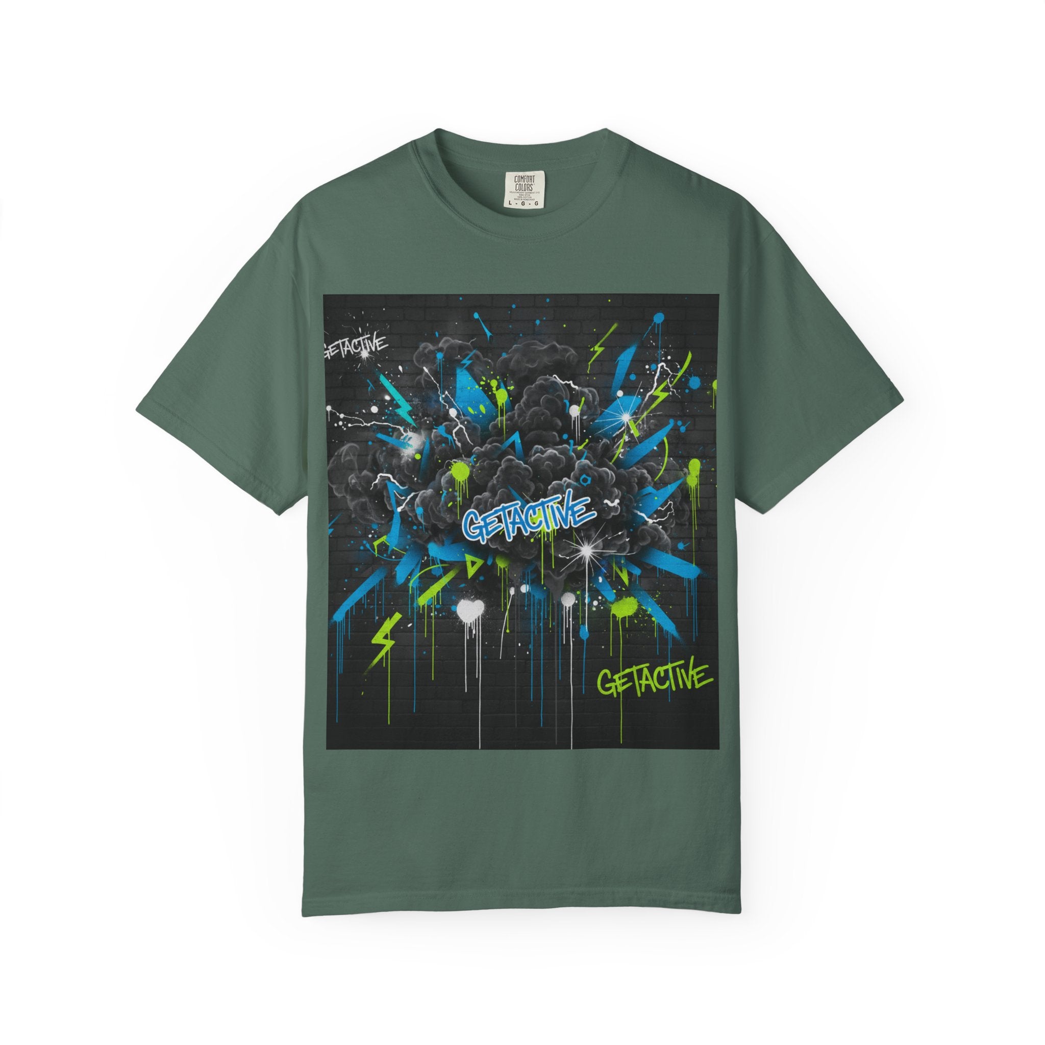 Green gym graphic tee with colorful 'GETACTIVE' burst square print