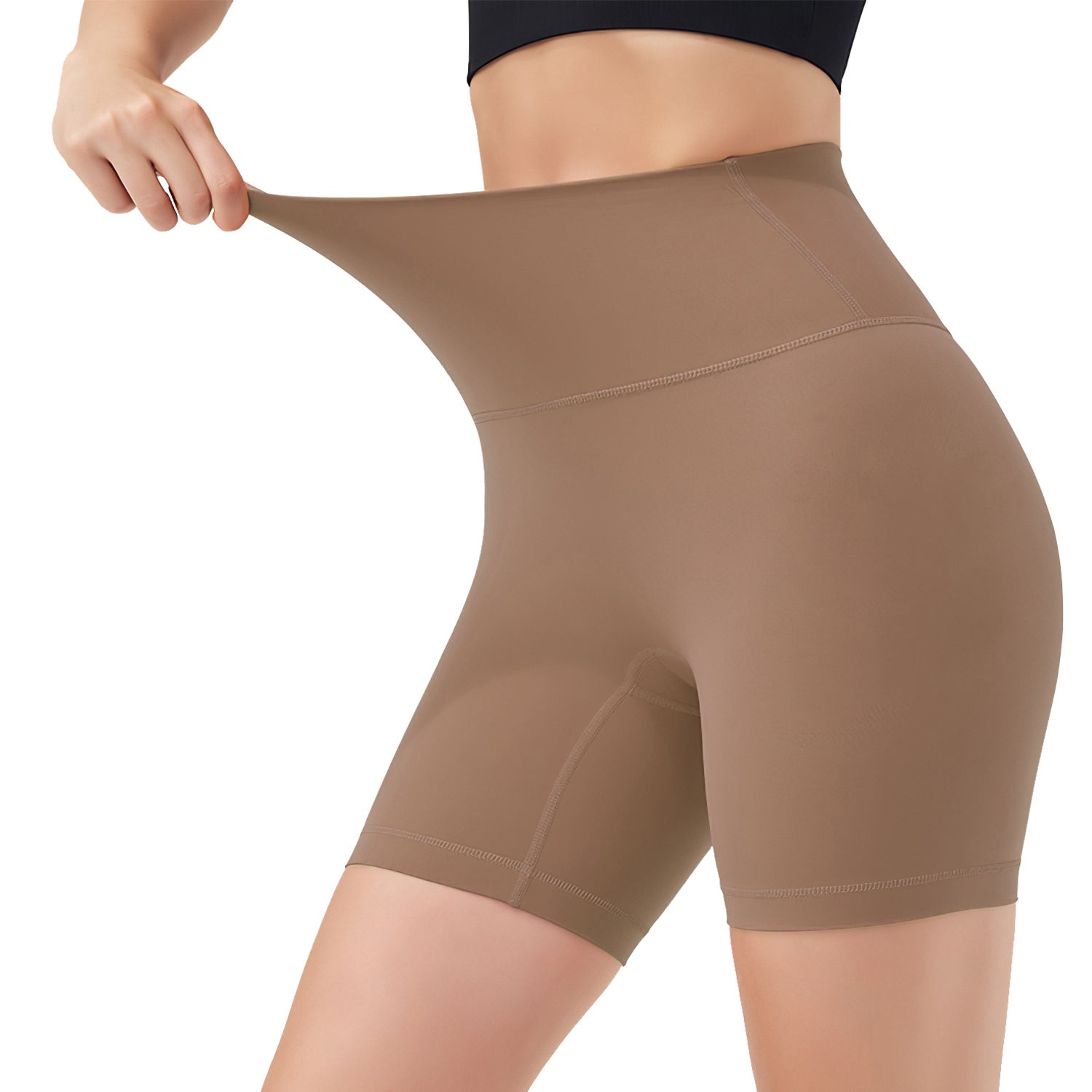 Coffee-brown high-waist biker shorts, side view with stitched waistband