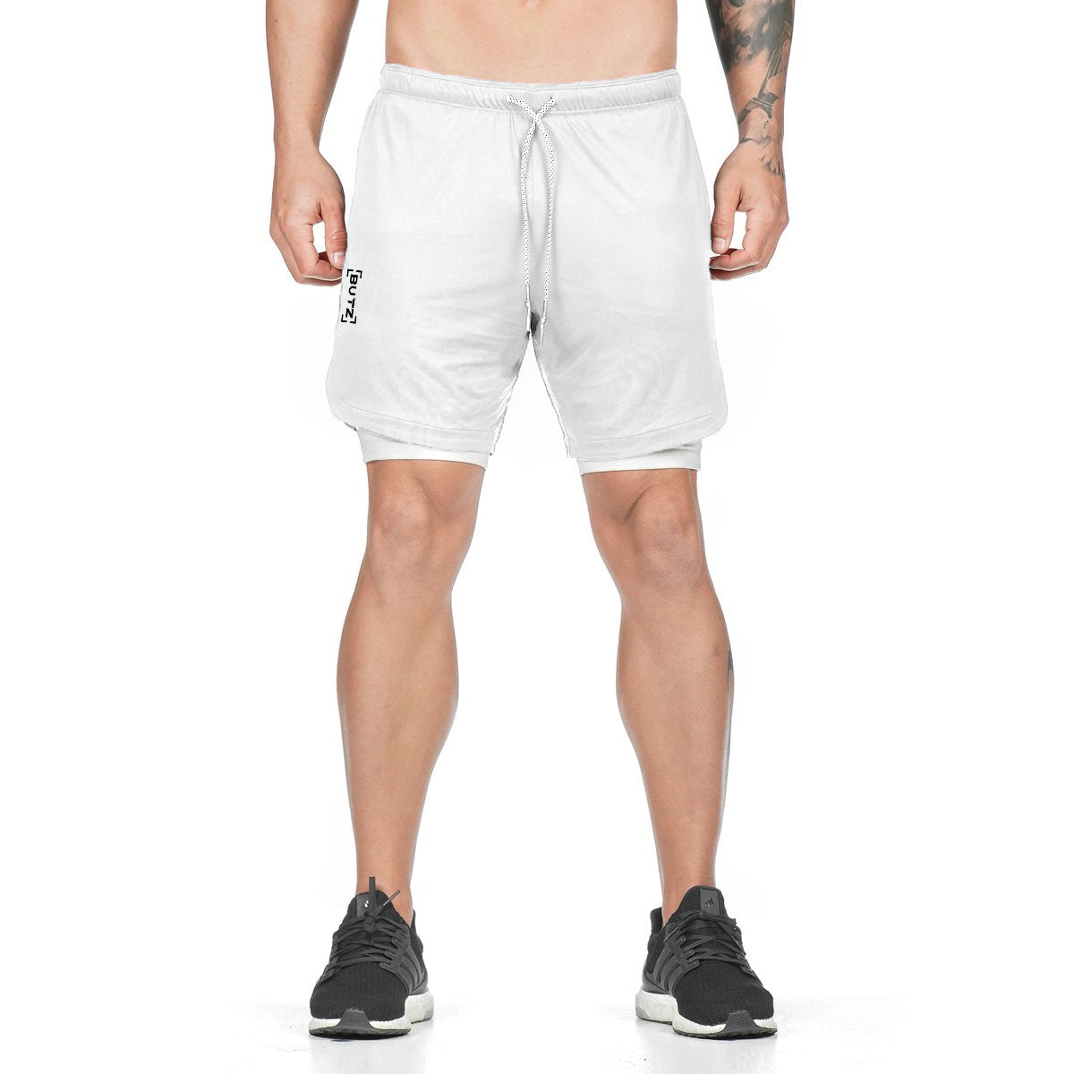 Men's white athletic training shorts with drawstring waist and side pocket