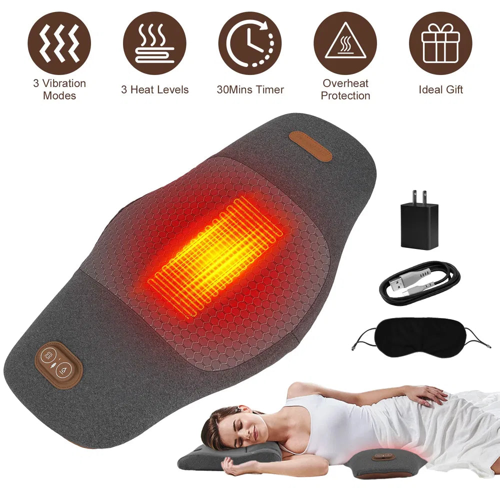 Dark grey electric lumbar massager pillow with illuminated heat panel and power cord