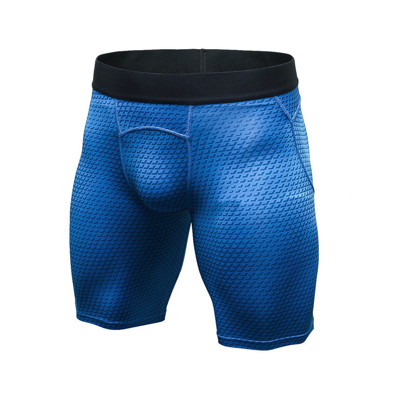 Blue men's compression gym shorts with black waistband and inner liner