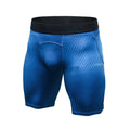 Blue men's compression gym shorts with black waistband and inner liner