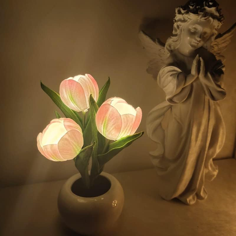 LED tulip table lamp with glowing pink-white petals in a white vase base.
