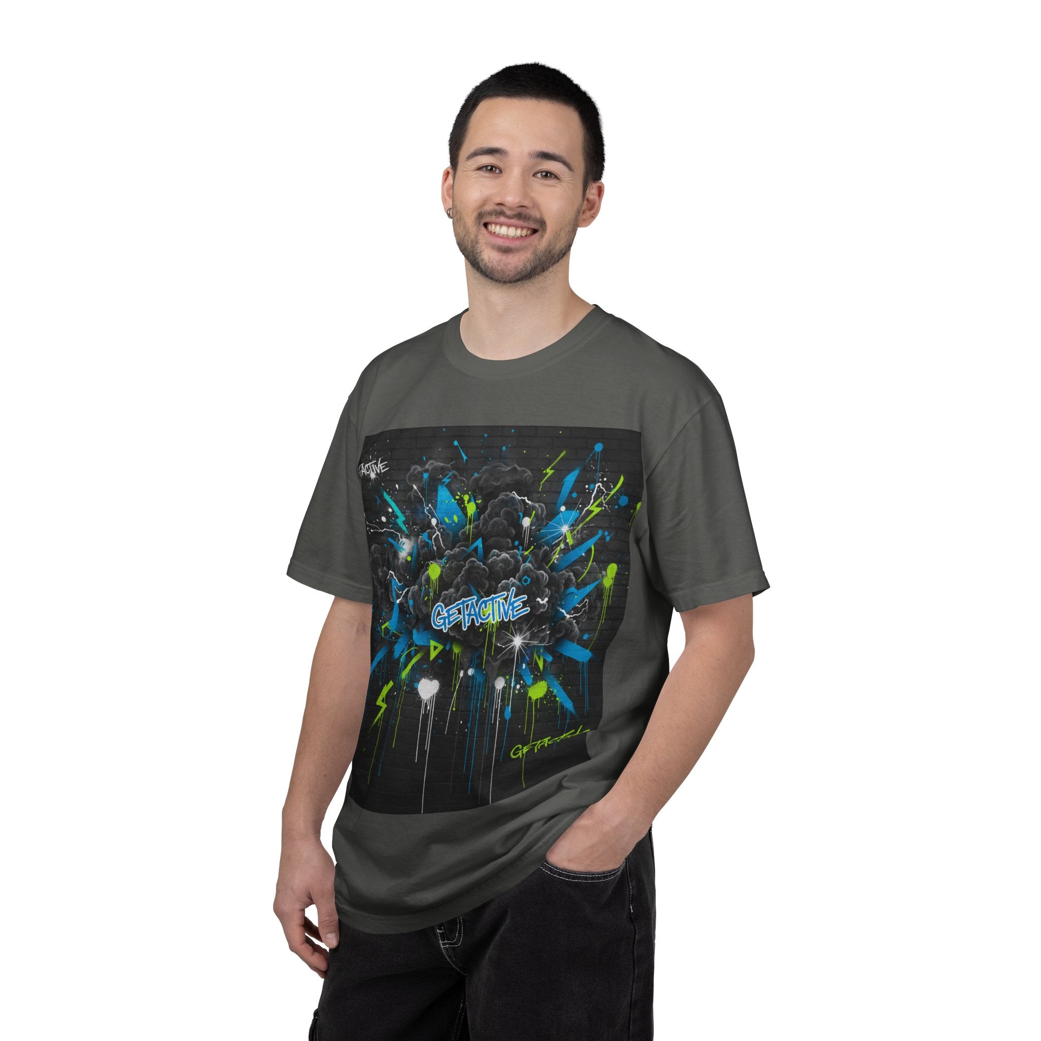 Pepper green graphic T-shirt with colorful blast design, “GETACTIVE” wordmark centered