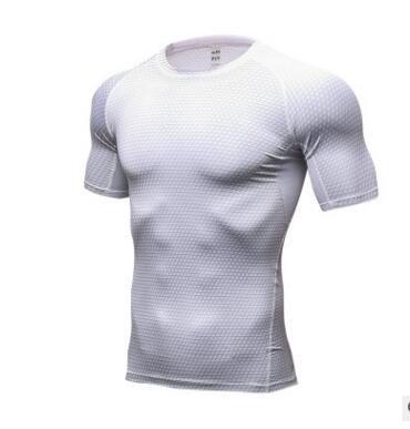 White compression gym shirt with textured fabric and short sleeves