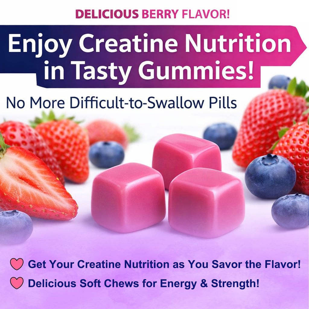 Berry flavor gummy cubes with strawberries and blueberries around a creatine gummies label