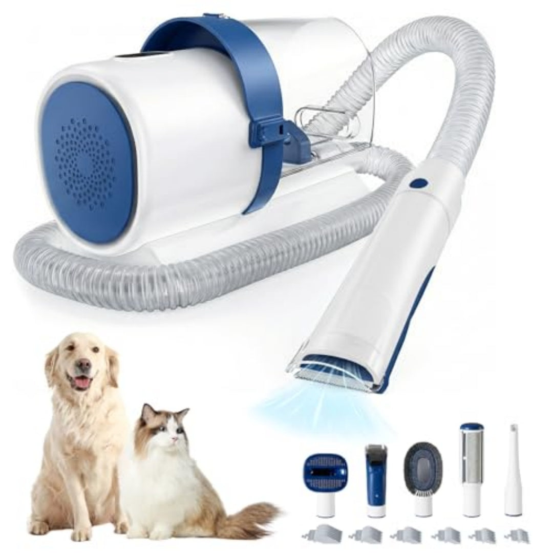 Cordless dog grooming clipper kit in white with blue dust unit, hose, and tools