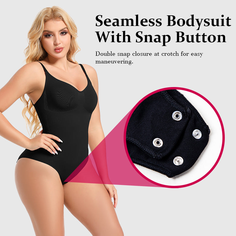 Black seamless bodysuit with snap-button crotch closure detail
