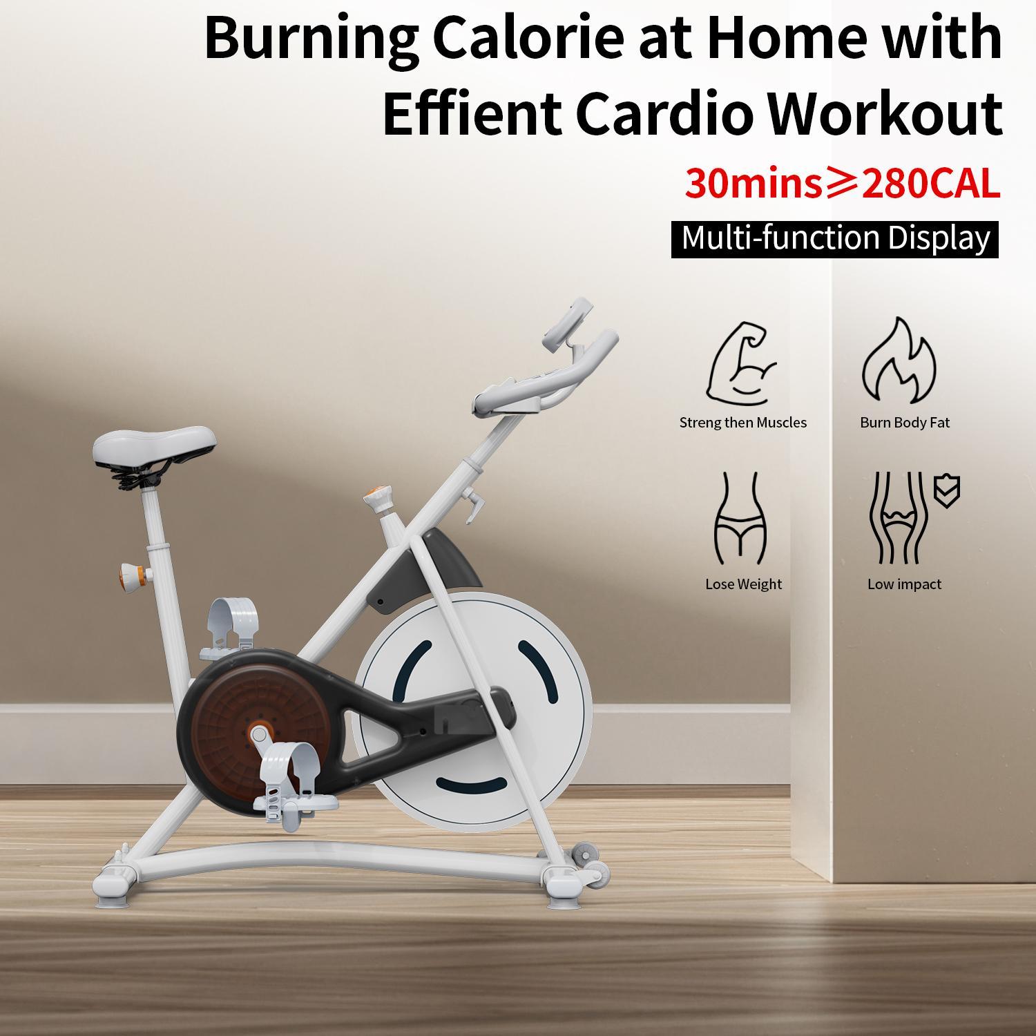 Indoor magnetic spin bike front-left view with seat, handlebars, and console area