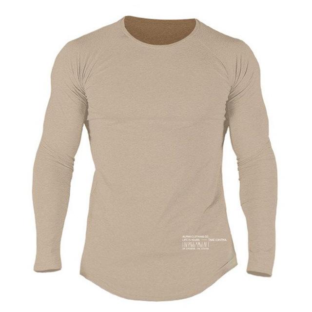 Men's long-sleeve training T-shirt, slim fit, tan crew neck