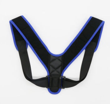 Posture support brace with V-shaped back padding and blue edge trim, black.