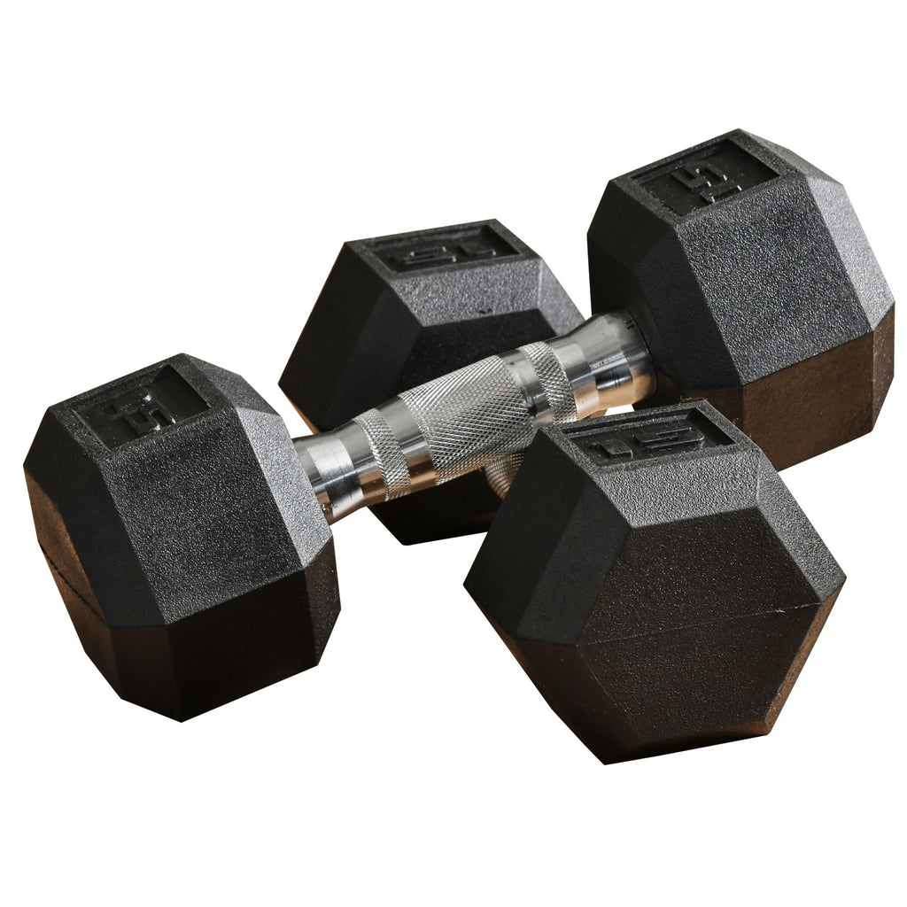 Black hex rubber dumbbells with textured finish and knurled center handle