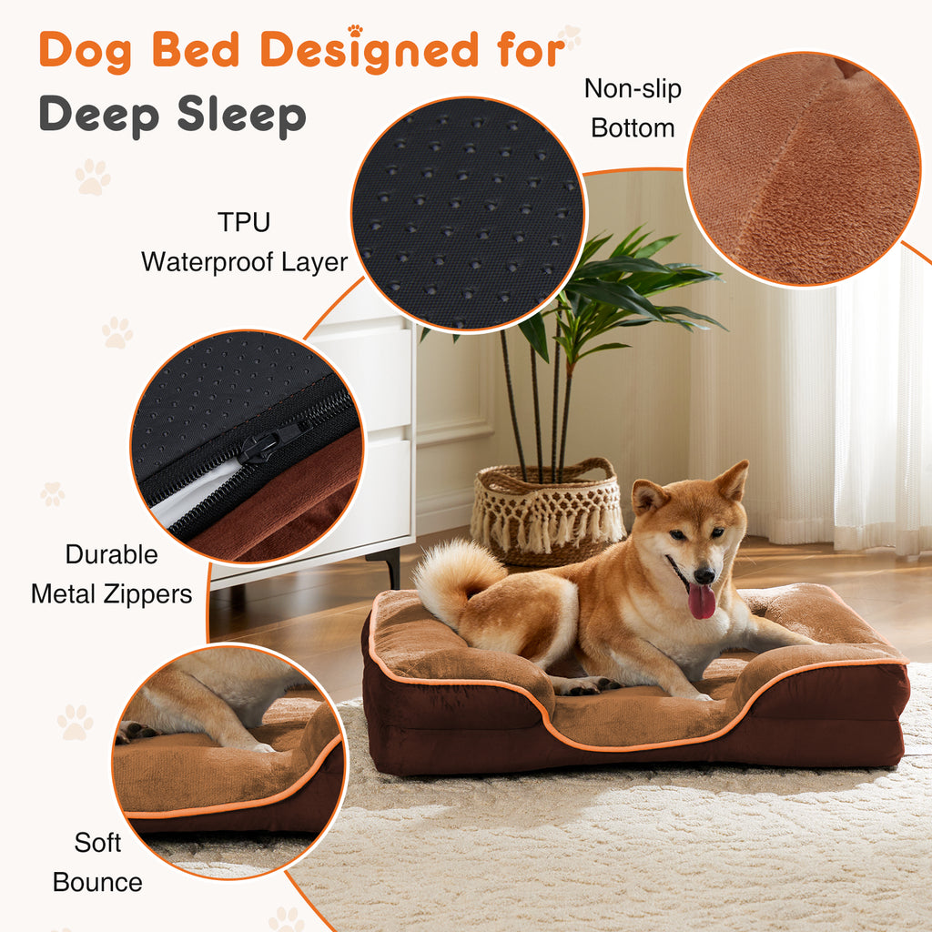 Brown pet bed with padded walls and non-slip textured bottom; deep sleeper style
