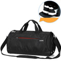 Black gym duffel bag with top handles, shoulder strap, and side shoe pocket with sneakers