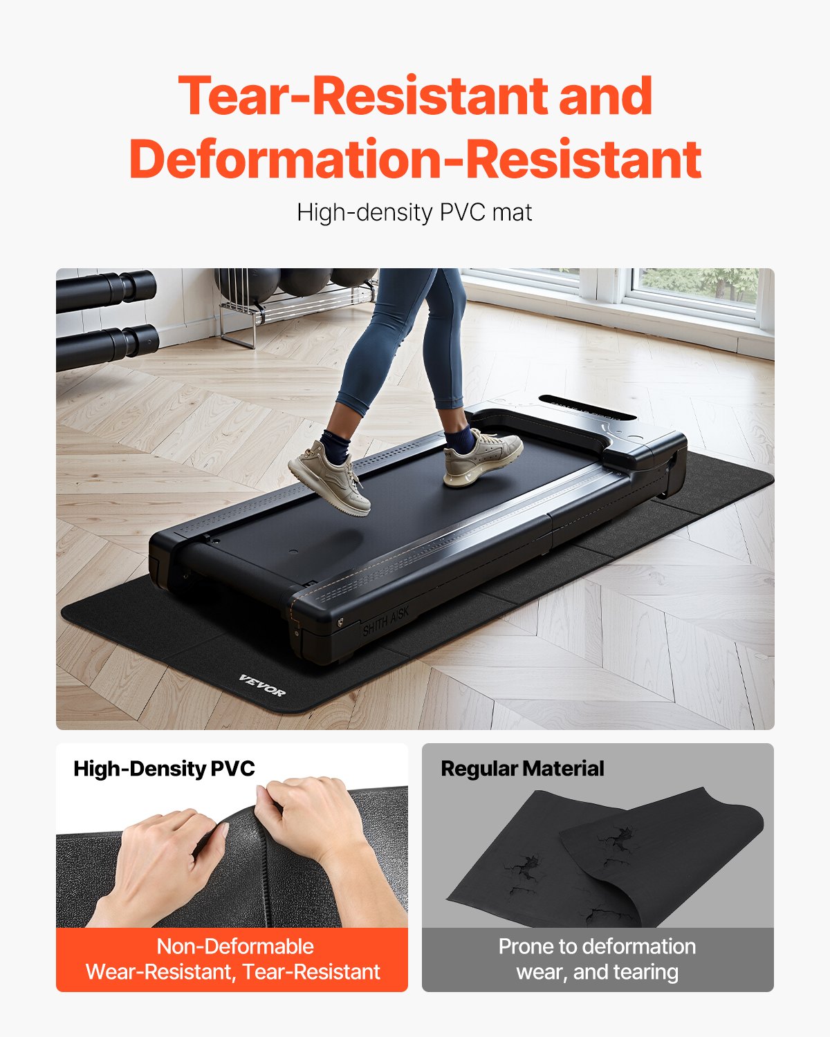 Black treadmill floor mat with VEVOR logo, placed under a walking pad for stability