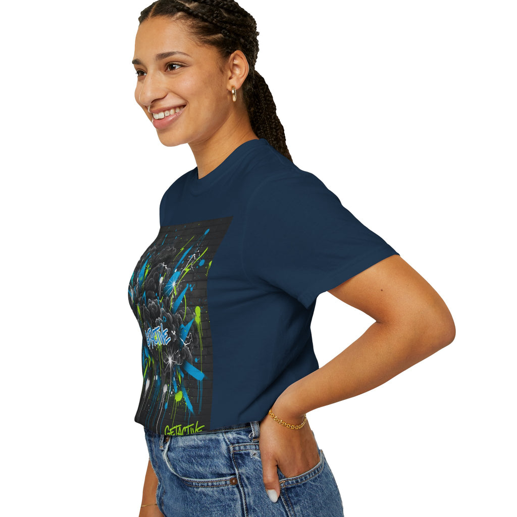 Navy blue side view graphic T-shirt with colorful splatter print on chest
