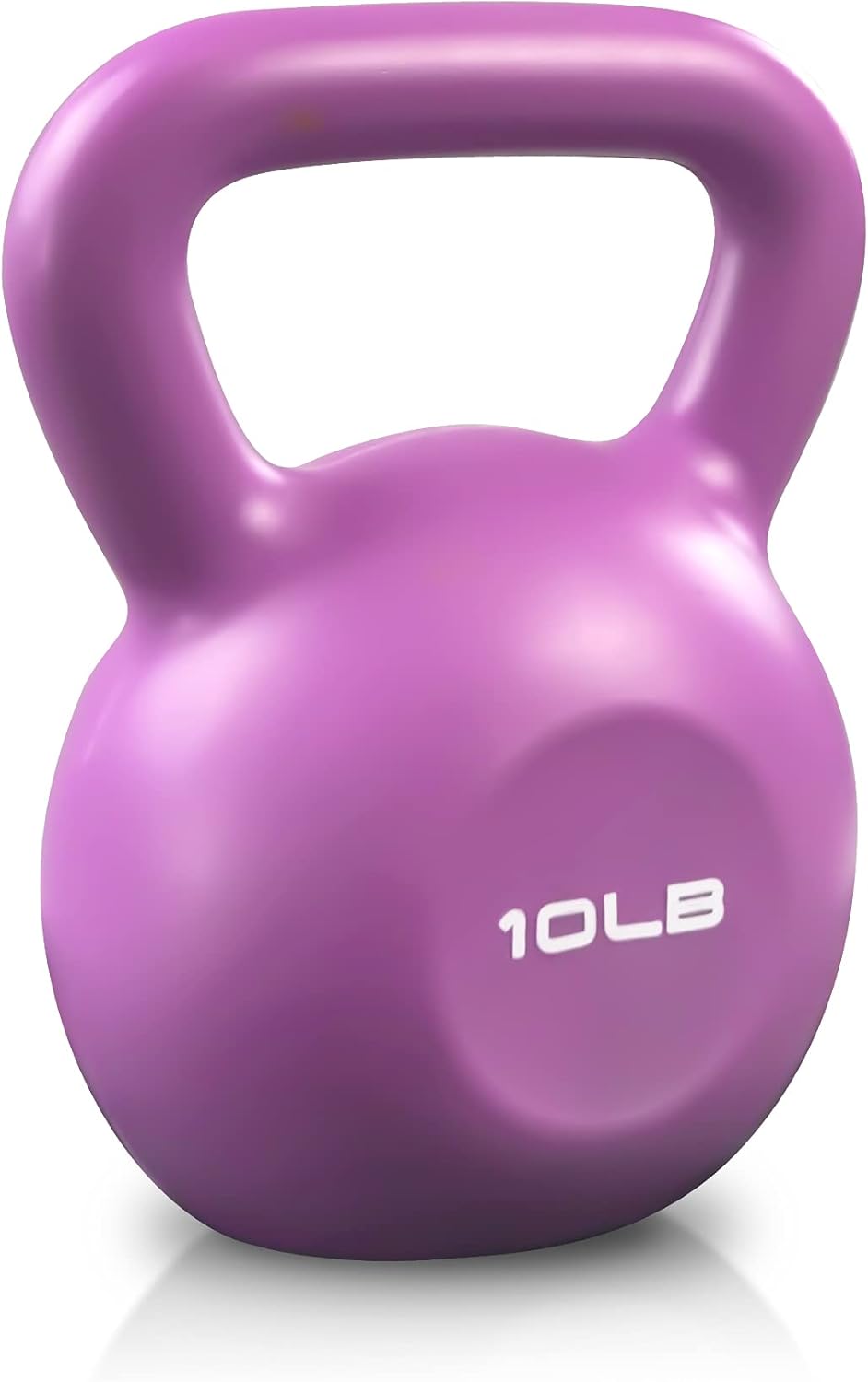 Close-up of purple 10LB vinyl kettlebell with handle and weight marking