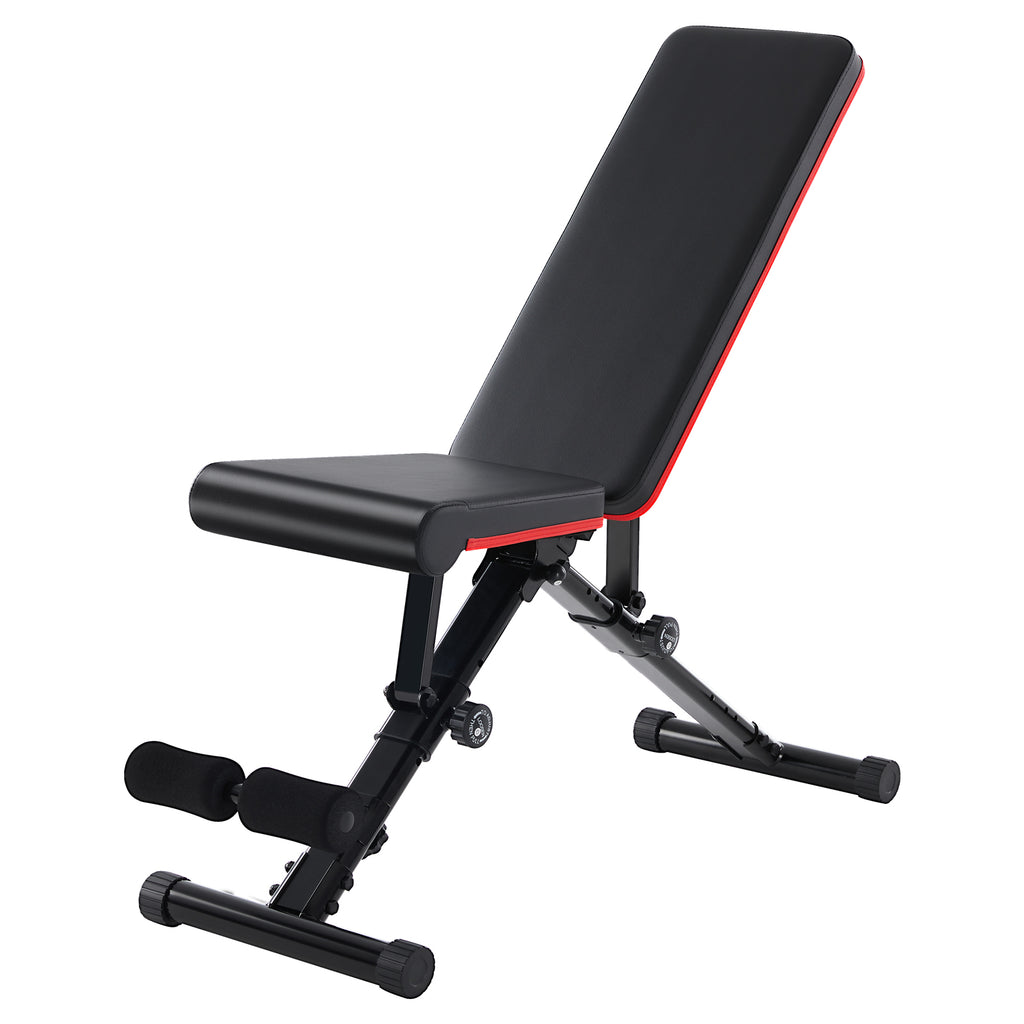 Adjustable fitness weight bench with black padded backrest and red-edged seat, on wheels