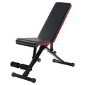 Adjustable fitness weight bench with black padded backrest and red-edged seat, on wheels
