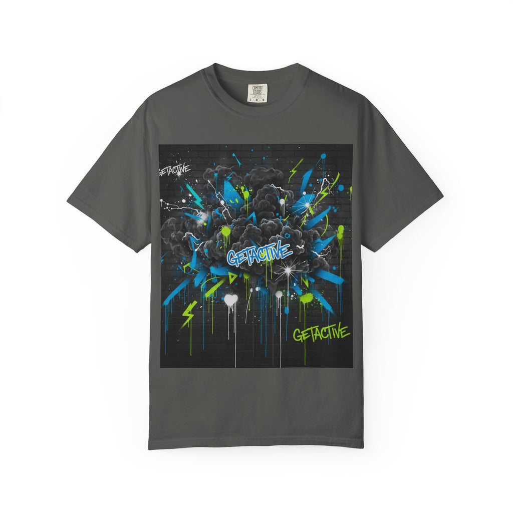Charcoal graphic workout tee with colorful 'GETACTIVE' burst print