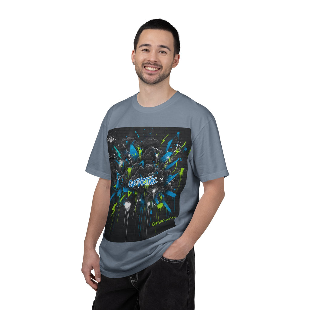 Blue Spruce crewneck graphic tee featuring colorful blast design with “GETACTIVE” logo