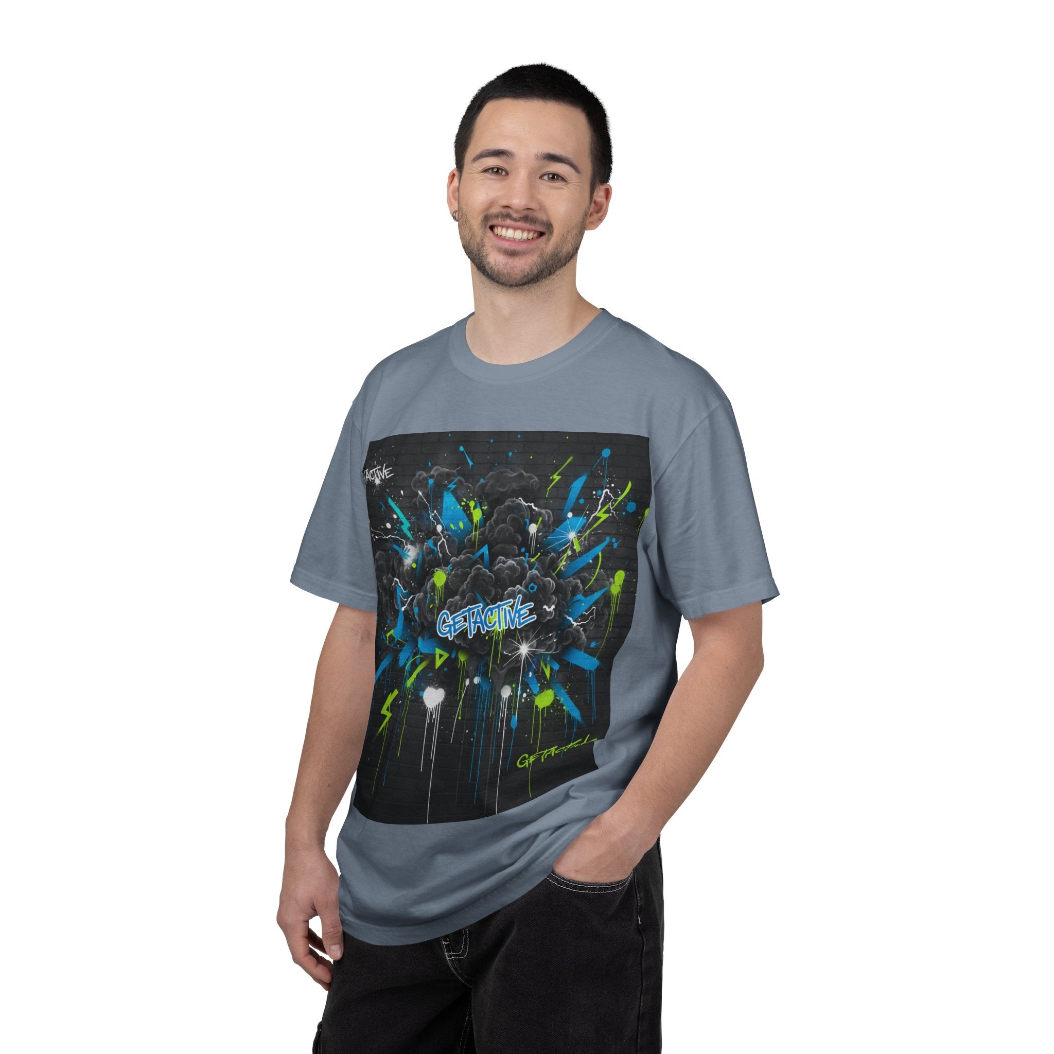 Blue Spruce crewneck graphic tee featuring colorful blast design with “GETACTIVE” logo