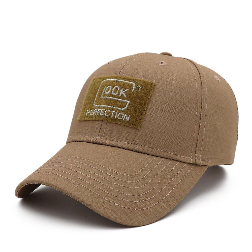 Tan snapback baseball cap with stitched front logo patch and curved brim side view