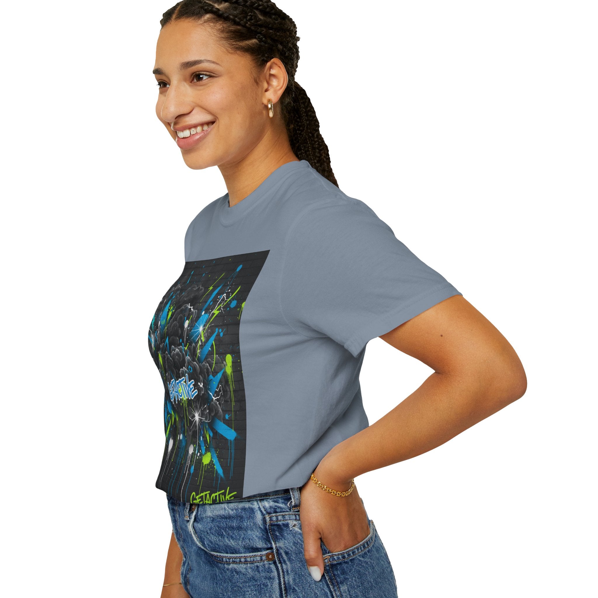 Blue Spruce side-view graphic tee with large square “GETACTIVE” print