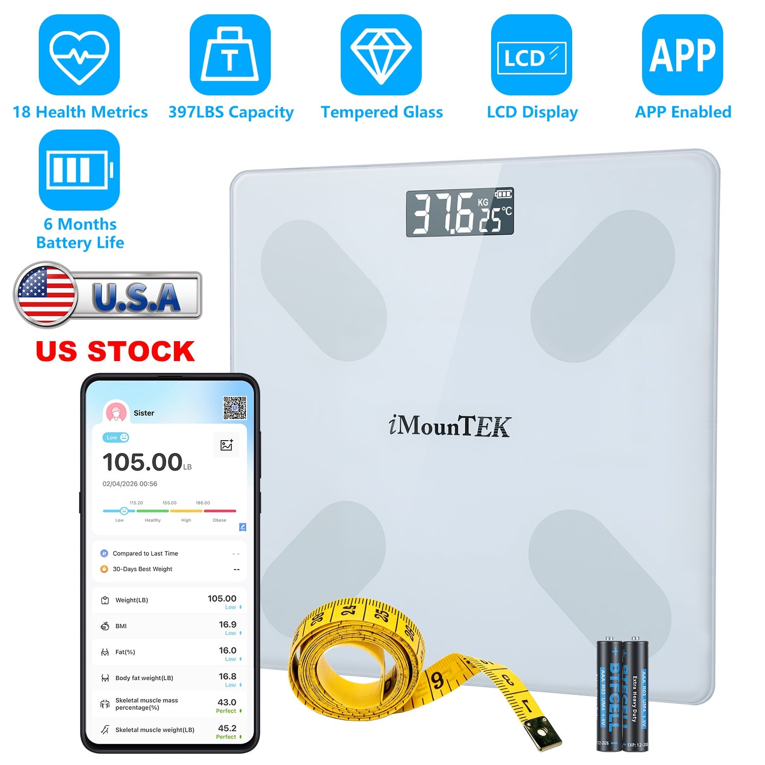 White smart body scale with LCD display and connected app shown on phone